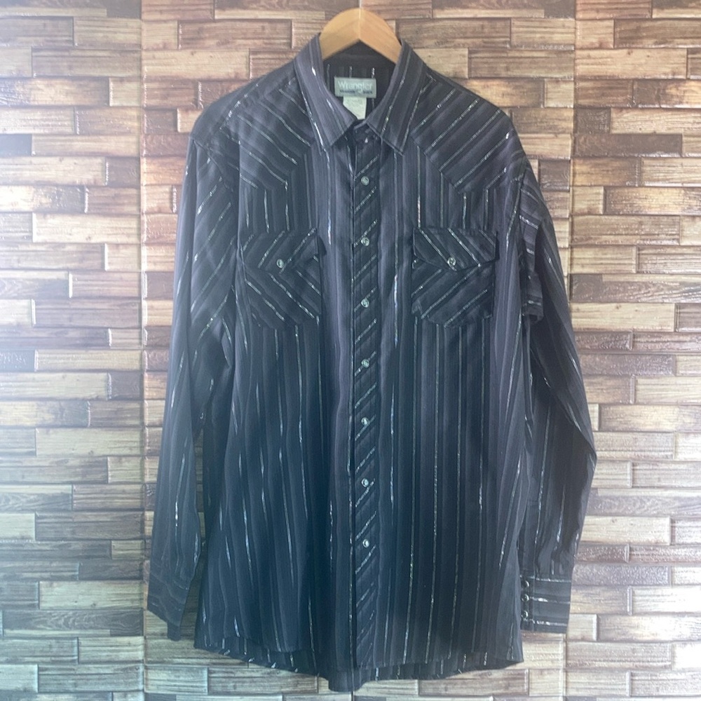 Vintage Wrangler Black Pearl Snap Shirt Adult XLT Rancher Cowboy Striped Mens